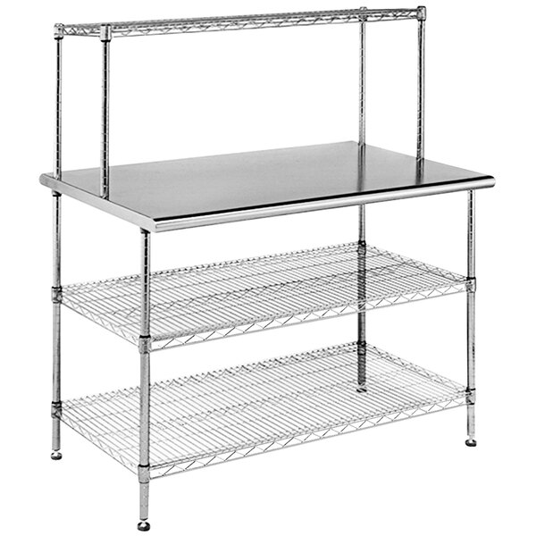 A Eagle Group stainless steel work table with 2 metal shelves.