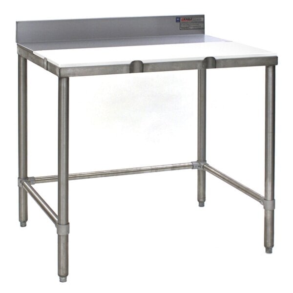 An Eagle Group stainless steel work table with a white poly top and metal legs.