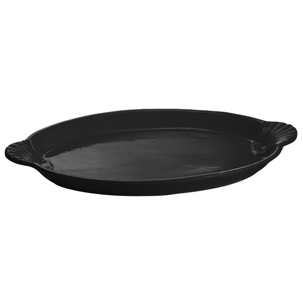 A black cast aluminum oval shell platter with handles.