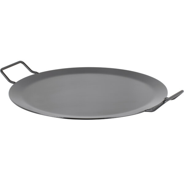An American Metalcraft black round wrought iron griddle with handles.