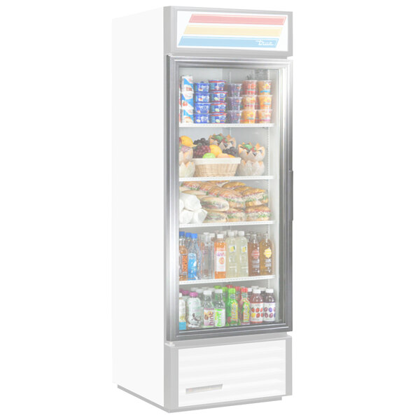A stainless steel refrigerator door with lights on shelves.