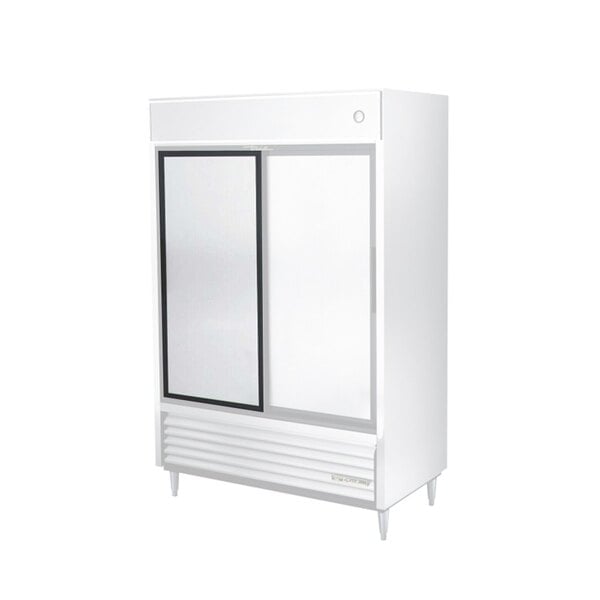A white refrigerator with a black and white True stainless steel left hand door.