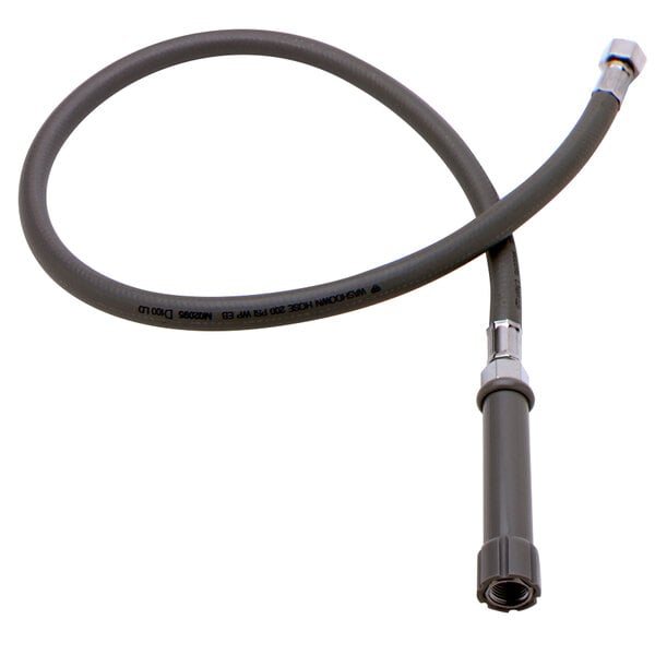 A black flexible T&amp;S reinforced PVC hose with silver ends.