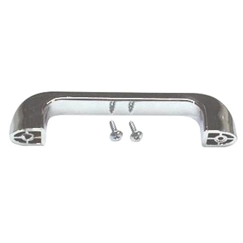 A silver chrome plated lid handle with screws and nuts.
