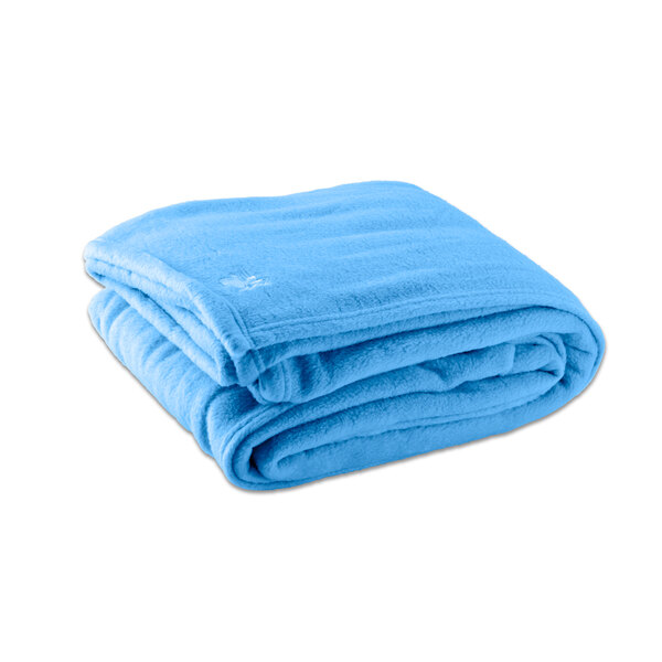 An Oxford light blue fleece hotel blanket folded.