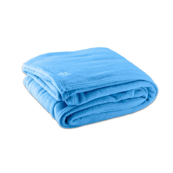 A folded light blue Oxford twin size fleece blanket.