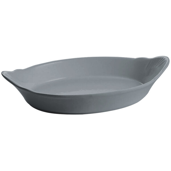 A gray oval Tablecraft Au Gratin dish with a handle.