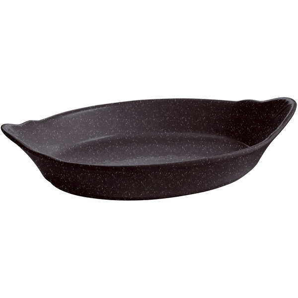 A black Tablecraft oval au gratin dish with speckles.