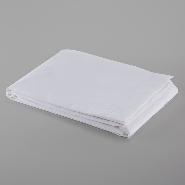 A case of white folded Oxford T300 full size flat sheets.