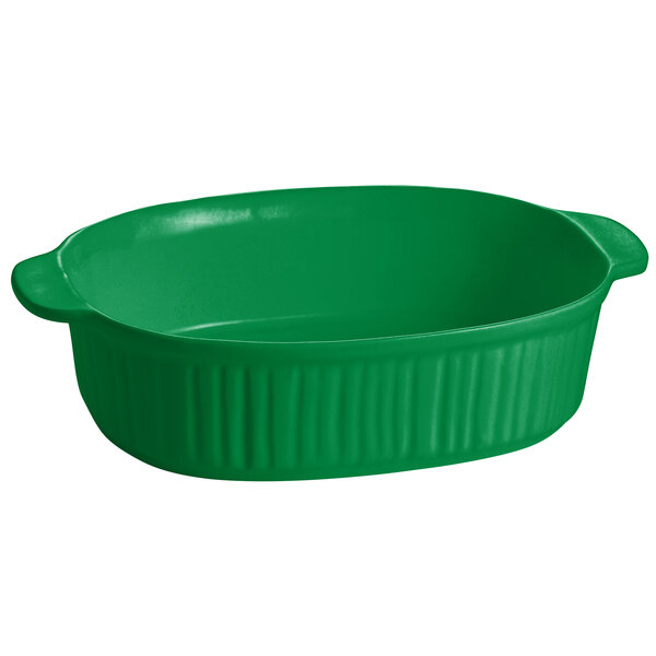 A green Tablecraft oval casserole dish with ridges.
