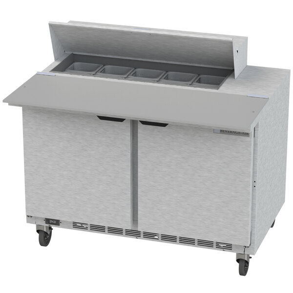 A Beverage-Air stainless steel sandwich prep table with two doors.