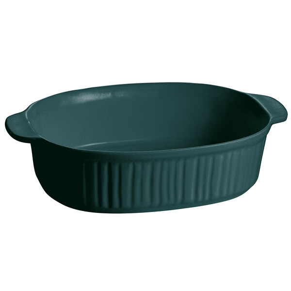 A Tablecraft hunter green oval casserole dish with ridges.