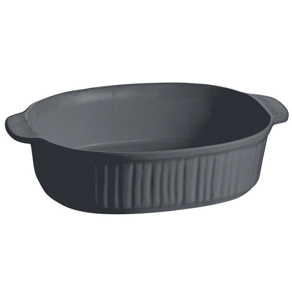 A black oval Tablecraft casserole dish with ridges.