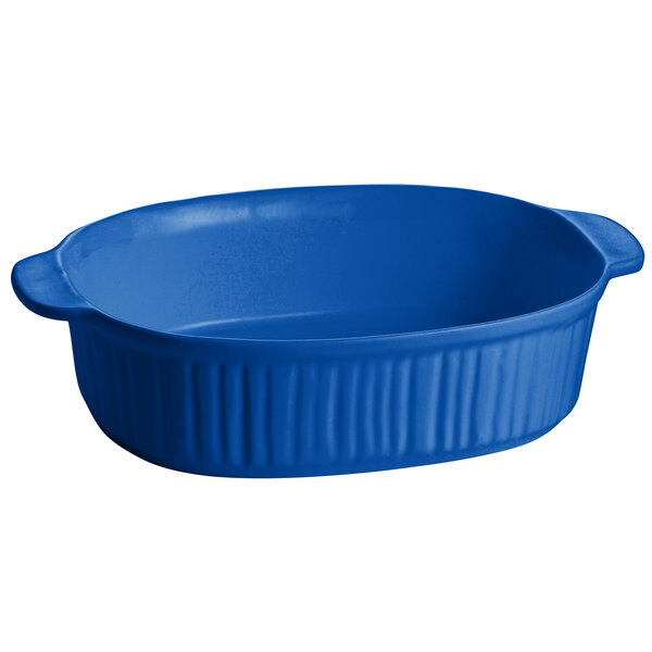 A Tablecraft cobalt blue oval casserole dish with ridges and a lid.