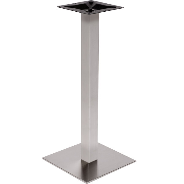 A silver metal square table base for BFM Seating Elite bar tables.