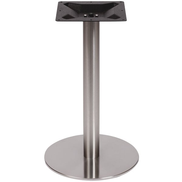 A BFM Seating stainless steel table base.