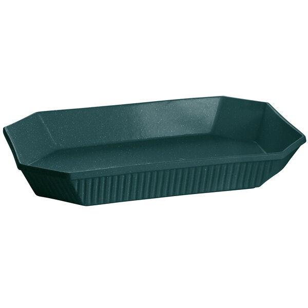 A Hunter green cast aluminum octagon casserole dish with a white speckled interior and a handle.