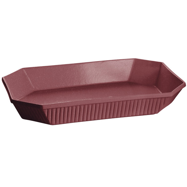 A maroon octagon-shaped Tablecraft casserole dish with a handle.