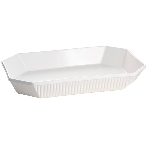A white octagon-shaped Tablecraft casserole dish with a lid.