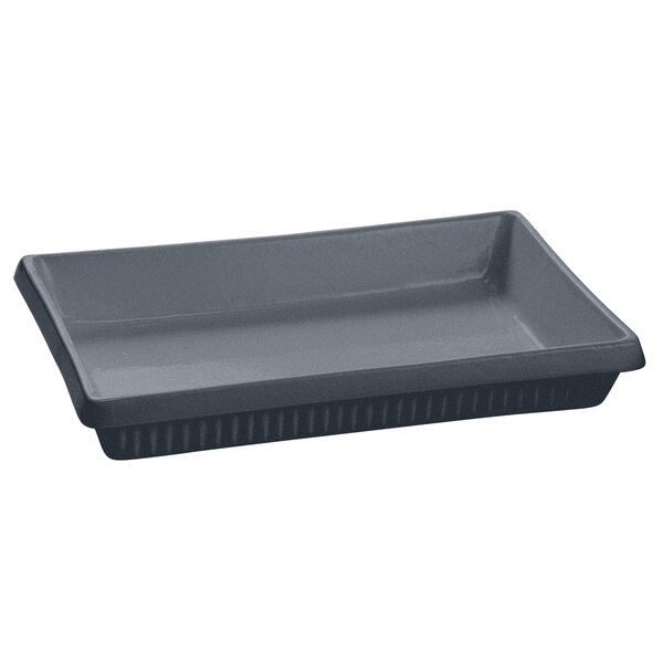A Tablecraft rectangular gray cast aluminum casserole dish with a black handle.