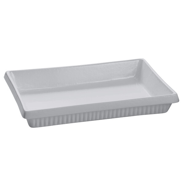 A white rectangular Tablecraft casserole dish with a rounded edge.