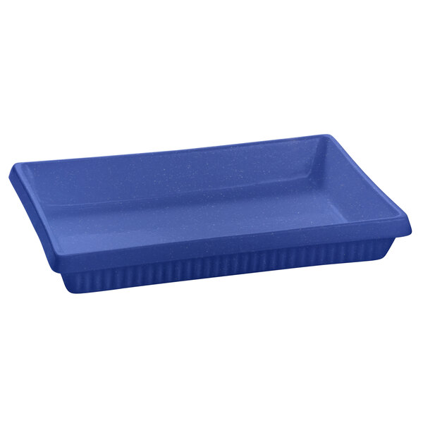 A blue rectangular Tablecraft cast aluminum casserole dish.