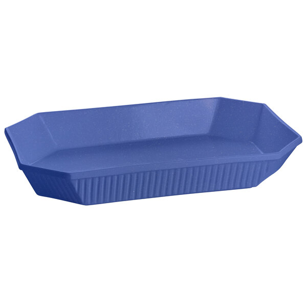 A blue octagon casserole dish with a handle.