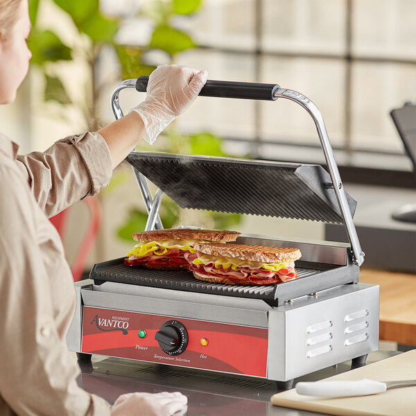 Avantco P78 Commercial Panini Sandwich Grill with Grooved Plates - 13" x 8 3/4" Cooking Surface - 120V, 1750W