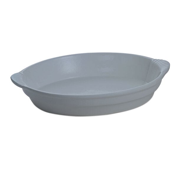A gray oval cast aluminum casserole dish with handles.