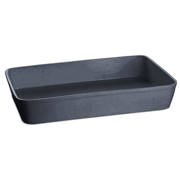 A black rectangular Tablecraft casserole dish with a blue speckle pattern on the counter.