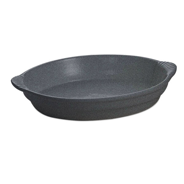 A black oval Tablecraft cast aluminum casserole dish with handles.