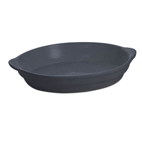 A black oval Tablecraft cast aluminum casserole dish with a handle.