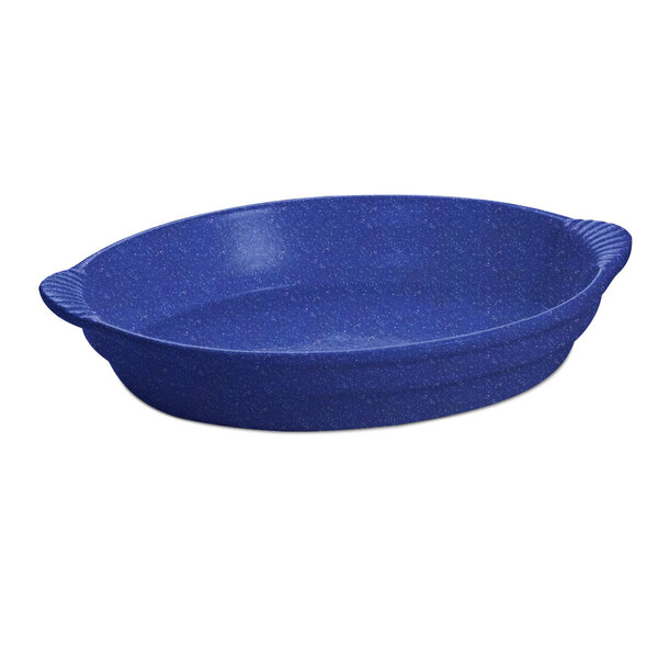 A blue speckled Tablecraft oval casserole dish with a handle.