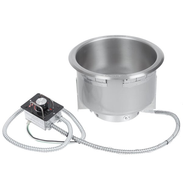 A stainless steel Hatco drop-in heated soup well with a wire connected to it.