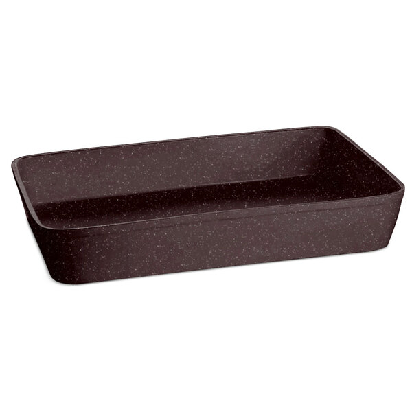 A brown speckled rectangular cast aluminum casserole dish with a handle.