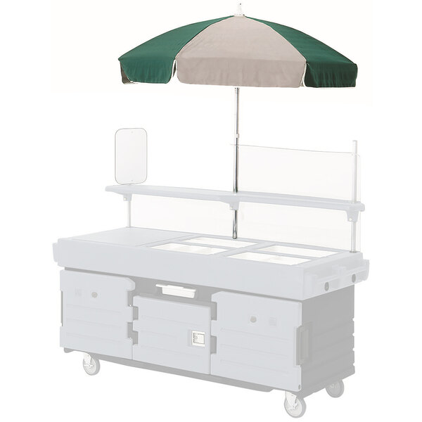 A green and beige Cambro umbrella on a food cart.