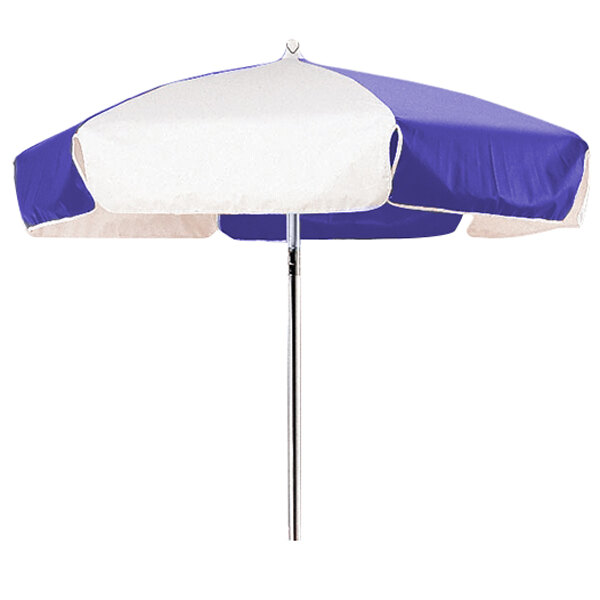 A blue and white umbrella with a metal pole.