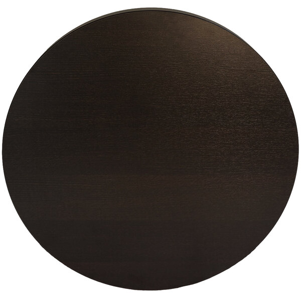 A BFM Seating round tabletop in espresso finish on a table.