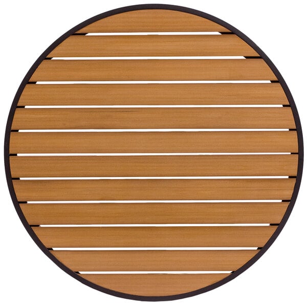 A BFM Seating Longport circular wood table top with black trim and brown stripes.