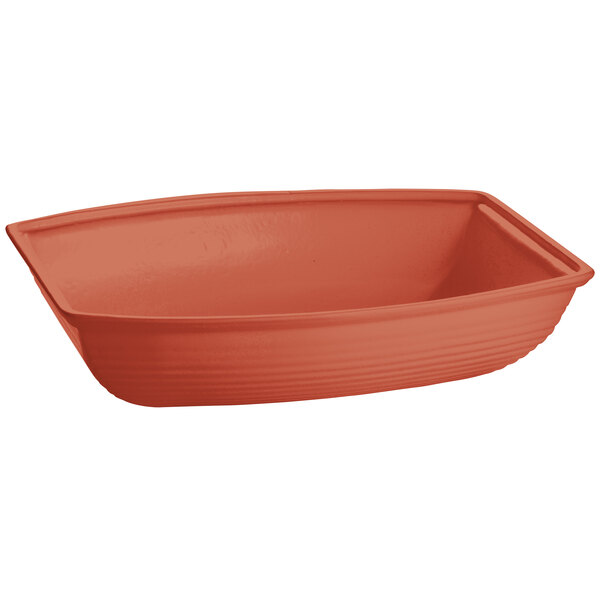 A Tablecraft copper cast aluminum rectangular bowl with a red lid.