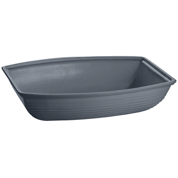 A Tablecraft Midnight with Blue Speckle rectangular cast aluminum salad bowl with a rounded edge.
