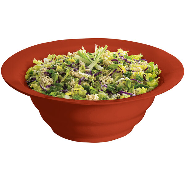 A Tablecraft copper salad bowl filled with salad on a white background.