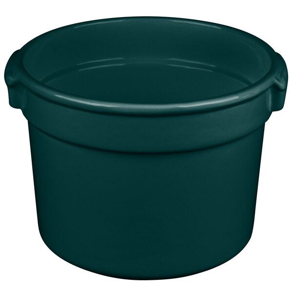 A close-up of a green Tablecraft cast aluminum bain marie soup bowl with handles.