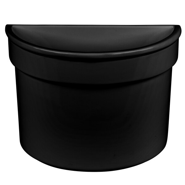 A black cast aluminum half soup bowl with a curved top.