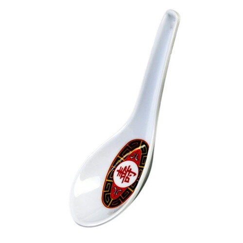 A white Thunder Group spoon with a red Longevity symbol on it.