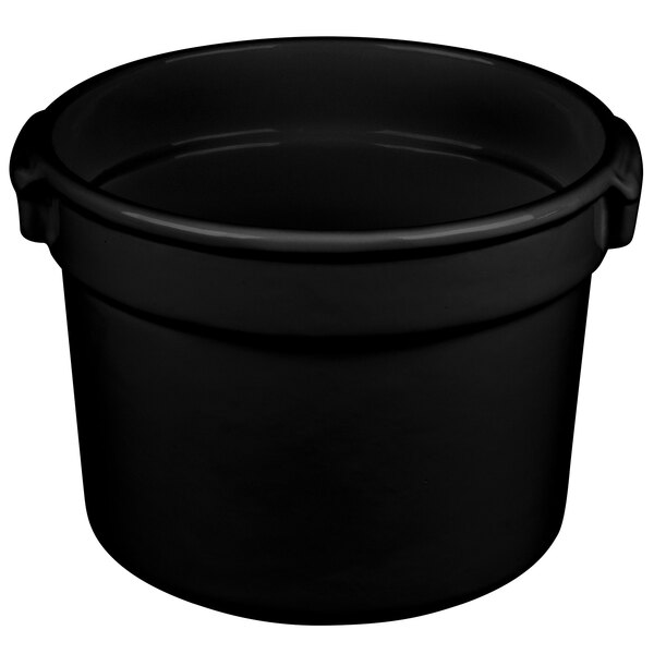 A black pot with a handle.