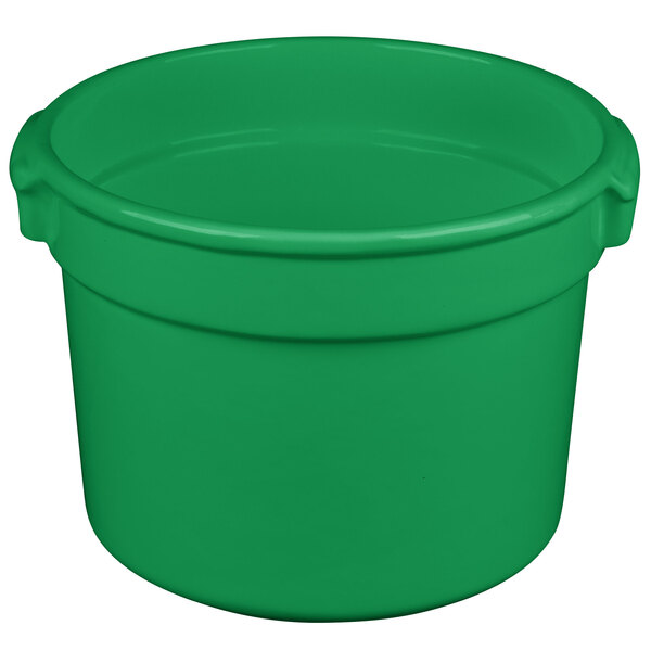 A green Tablecraft cast aluminum bain marie soup bowl with a white background.