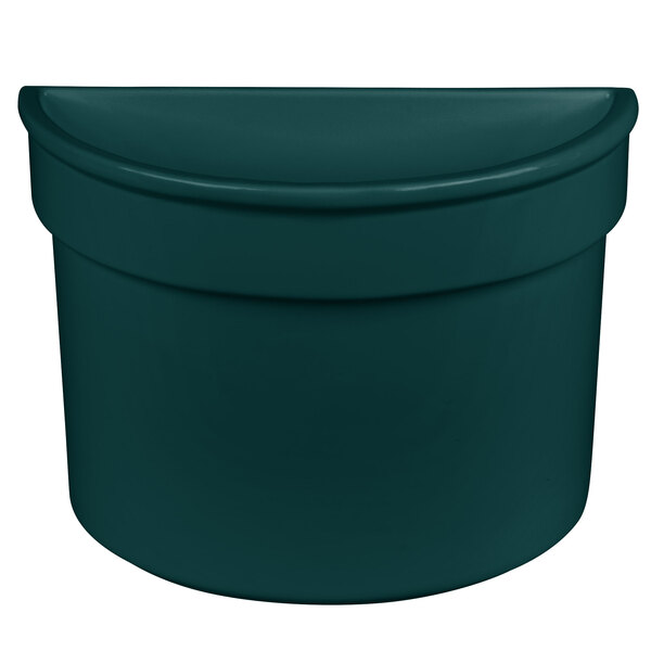 A hunter green cast aluminum half soup bowl with a curved top.