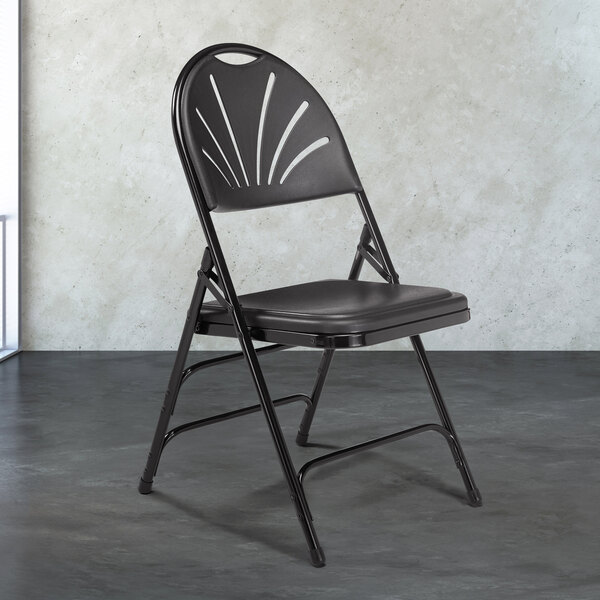 National Public Seating 1110 Black Metal Folding Chair with Black Plastic Seat