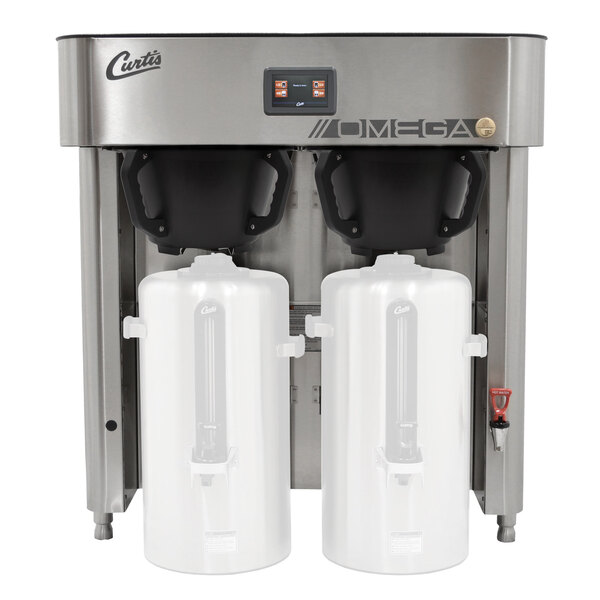 A white Curtis coffee brewing machine with two stainless steel containers with black handles.